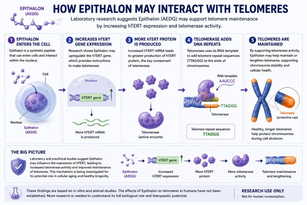 Scientific infographic illustrating the proposed mechanism of Epithalon (Epitalon), showing how researchers have investigated its interaction with hTERT gene expression, telomerase activity, DNA repeat addition, and telomere maintenance in laboratory research.